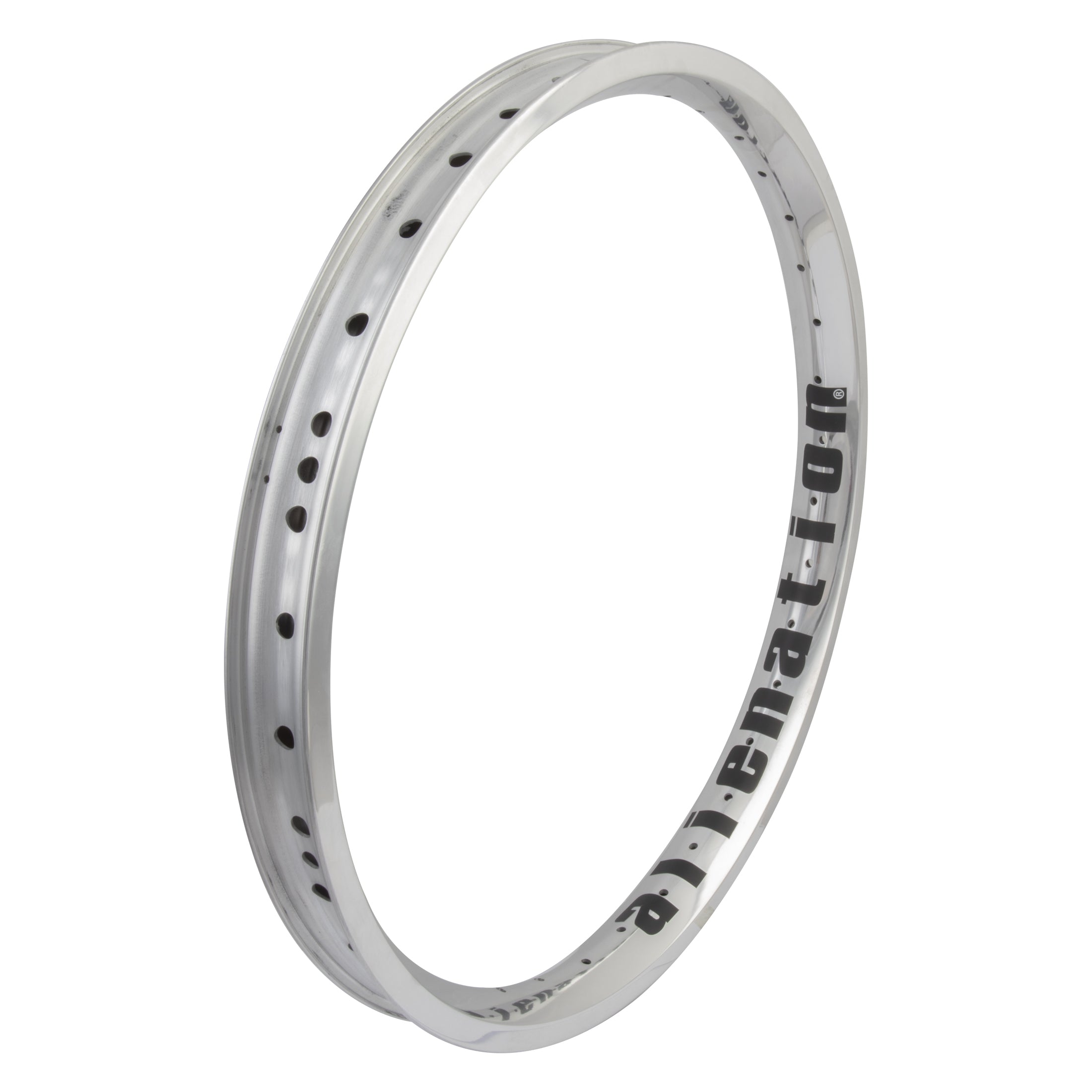 The Alienation Vandal 20 Inch Rim (36H) is a lightweight silver BMX rim with multiple spoke holes and "alienation" printed in black on the inner surface.
