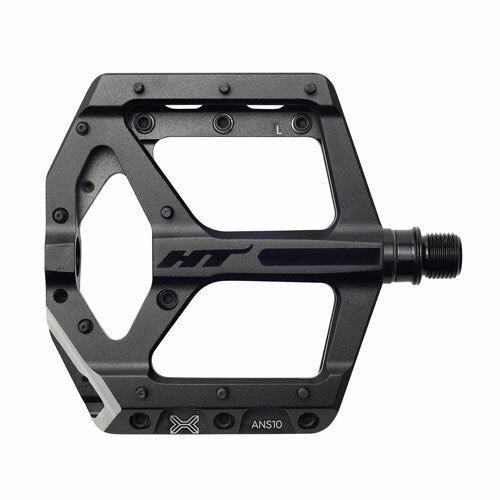 The HT Supreme ANS10 Pedals are constructed from black metal alloy with an open hexagonal design, labeled “HT” and “ANS10.” They feature multiple screw holes and a threaded spindle for attachment, delivering durability and performance for demanding riders.