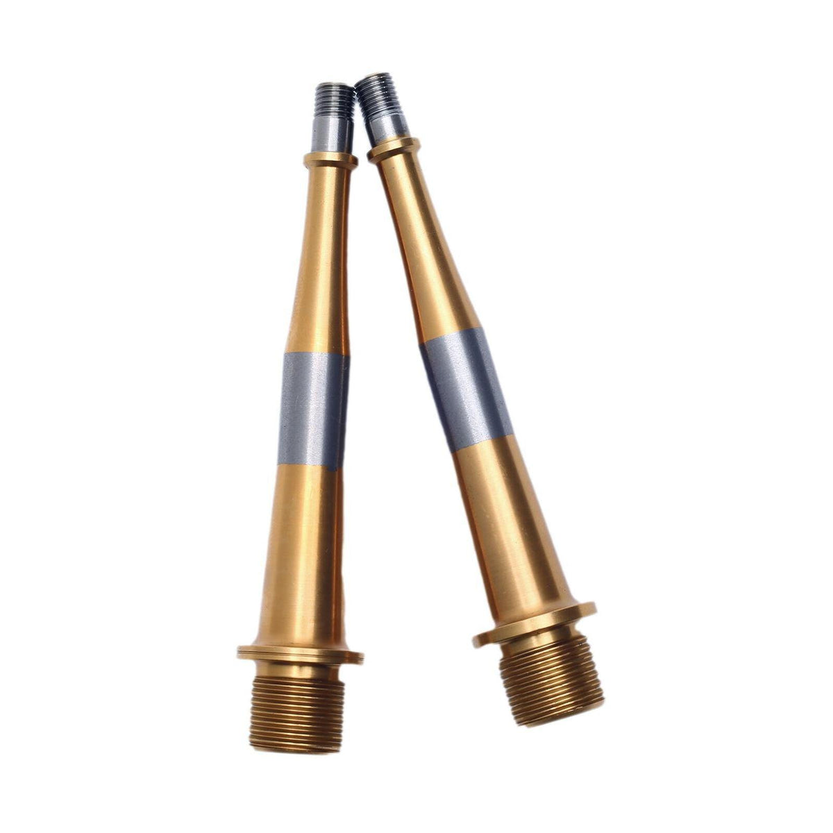 Two metallic, cylindrical components with threaded ends—gold and silver in color—are positioned upright and leaning toward each other on a white background. These HT Components T2 - Ti Spindles (Pair) are premium replacement titanium pedal spindles, offering both durability and a lightweight upgrade for your cycling setup.
