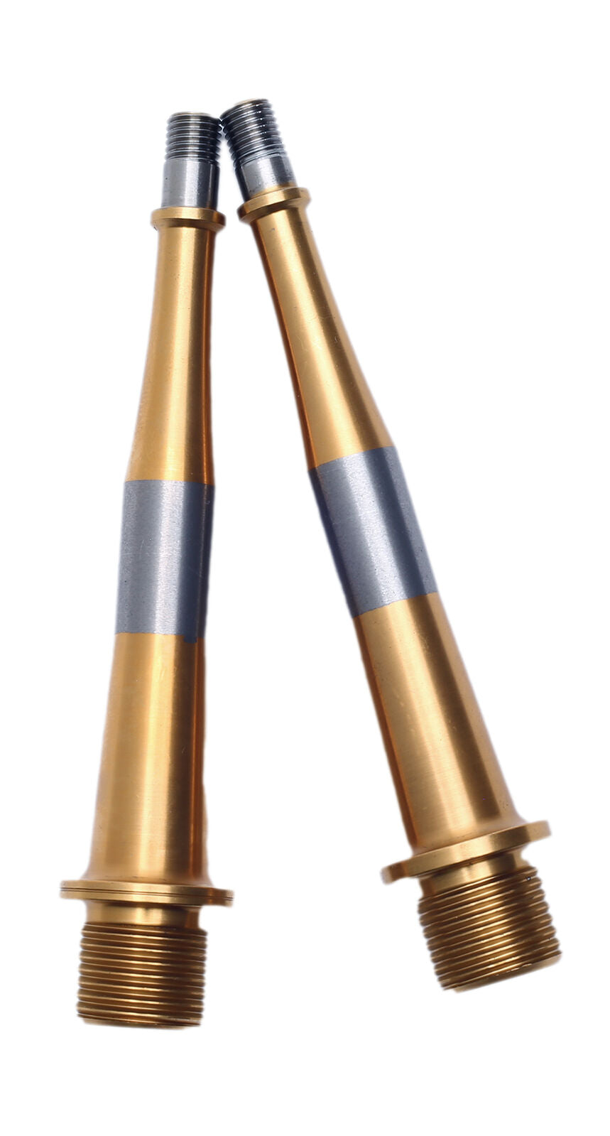 Two metallic, cylindrical components with threaded ends—gold and silver in color—are positioned upright and leaning toward each other on a white background. These HT Components T2 - Ti Spindles (Pair) are premium replacement titanium pedal spindles, offering both durability and a lightweight upgrade for your cycling setup.