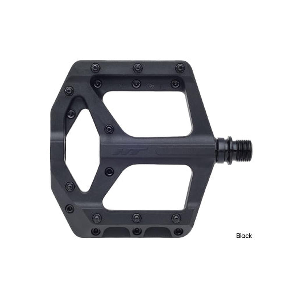 The HT Components Supreme C PA32A Pedals are black flat platform pedals with replaceable grip pins and a wide, open design—ideal for riders seeking extra grip.