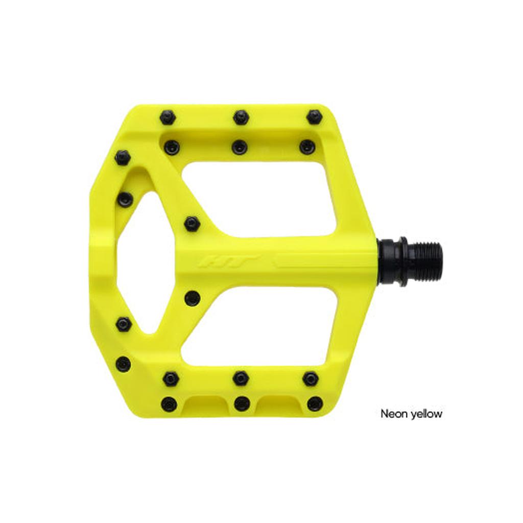 The HT Components Supreme C PA32A Pedals are neon yellow flat pedals with multiple replaceable grip pins, a black spindle, and a durable composite body, offering excellent control and grip from the side view.