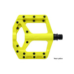 The HT Components Supreme C PA32A Pedals are neon yellow flat pedals with multiple replaceable grip pins, a black spindle, and a durable composite body, offering excellent control and grip from the side view.