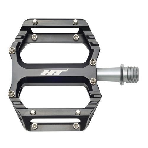 HT Components AR09SX Mini Pedals: black platform pedals with a metal axle and ultra-grippy pins, shown from above on a white background—ideal for kids' BMX bikes.