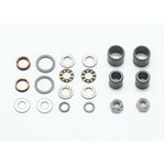 HT Components Pedal Rebuild Kit (X2, AE06, AE12) bearings, washers, and bushings arranged in rows on a white background.