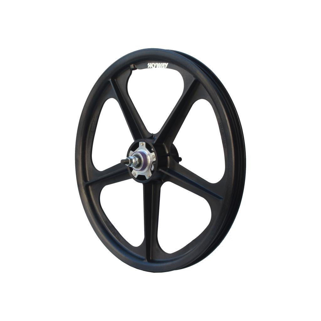 The Skyway TUFF II Silver Rivet 20 Inch Rear Wheel is a black five-spoke composite nylon bicycle wheel with a metal hub and precision sealed bearings, shown on a white background.