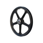 The Skyway TUFF II Silver Rivet 20 Inch Rear Wheel is a black five-spoke composite nylon bicycle wheel with a metal hub and precision sealed bearings, shown on a white background.