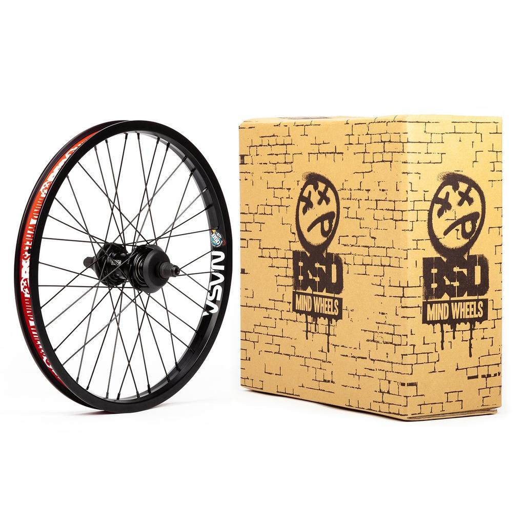 A BSD Mind (NASA/West Coaster) Rear Wheel—black with red rim details and featuring a BSD West Coaster hub—stands beside two brown boxes labeled "BSD Mind Wheels" with a graffiti-style logo.