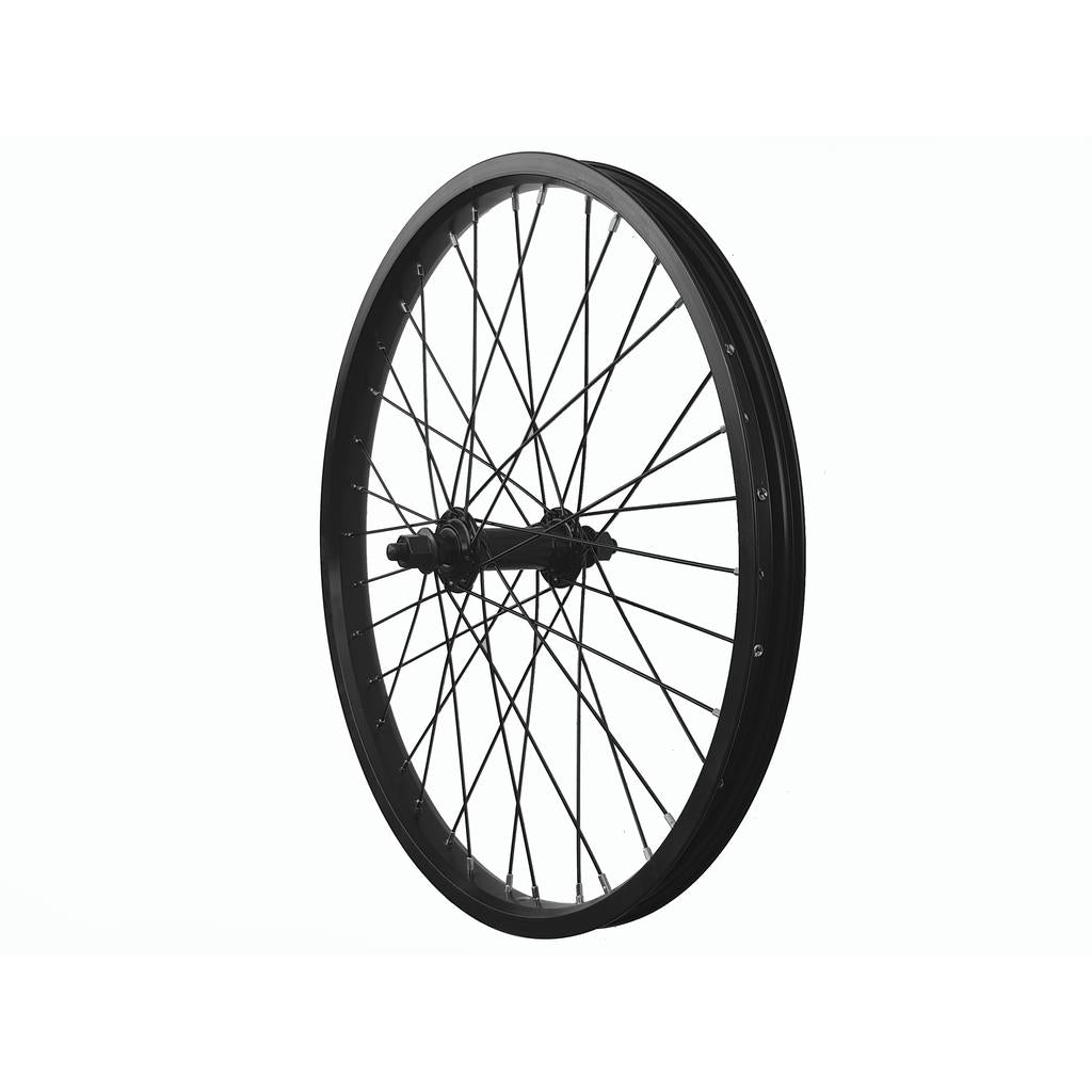 The DRS AM 20 Inch Front Wheel is a black BMX wheel with spokes and a sealed hub, shown on a white background—an affordable replacement for your bike.
