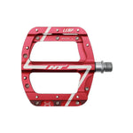 The HT Components Leap ANS08 Pedals feature a red aluminum wide platform, silver pins for grip, white graphics, and a visible right-side axle—perfect mountain bike pedals.