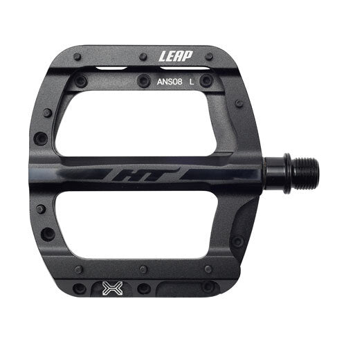 HT Components Leap ANS08 Pedals offer a wide platform, metal pins for grip, and a threaded spindle—making them ideal aluminum flat pedals for mountain bikers seeking reliability.