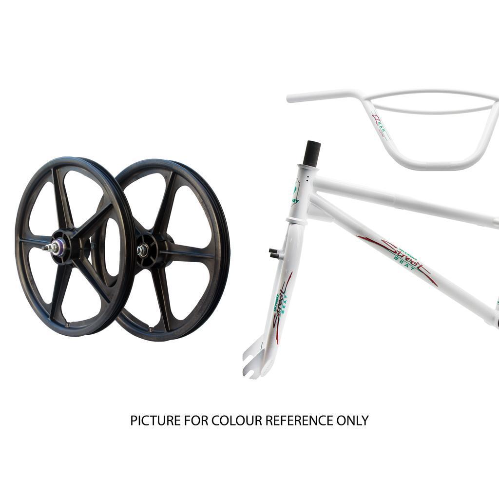 Black 4130 chromoly BMX wheels, a white Skyway Street Beat 20 Inch Bike frame with graphics, and a matching white handlebar are shown separately on a white background. Text below: "PICTURE FOR COLOUR REFERENCE ONLY.