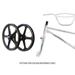 Black 4130 chromoly BMX wheels, a white Skyway Street Beat 20 Inch Bike frame with graphics, and a matching white handlebar are shown separately on a white background. Text below: "PICTURE FOR COLOUR REFERENCE ONLY.