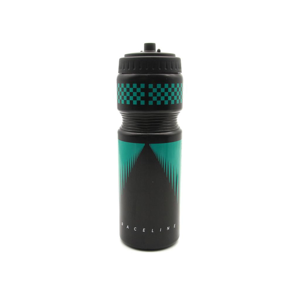 The Radio Raceline Flex Water Bottle is a 700ml black plastic bottle with teal geometric patterns and "RACELINE" printed near the bottom, featuring a leak-proof bite valve for easy, spill-free hydration.