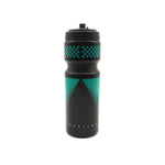 Black and teal Radio Raceline Flex Water Bottle with geometric patterns and "RACELINE" at the bottom, featuring a leak-proof bite valve, shown against a white background.