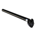 A DRS Micro Adjust Seat Post in black metal with a mounting flange and a label near one end, featuring a finish similar to BMX racing seat posts, isolated on a white background.