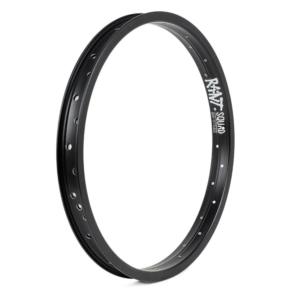 The Rant Squad 18 Inch Rim is a black metal BMX rim with double wall construction, 36 spoke holes, and “RANT SQUAD” printed in white on the side.