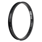 The Rant Squad 18 Inch Rim is a black metal BMX rim with double wall construction, 36 spoke holes, and “RANT SQUAD” printed in white on the side.