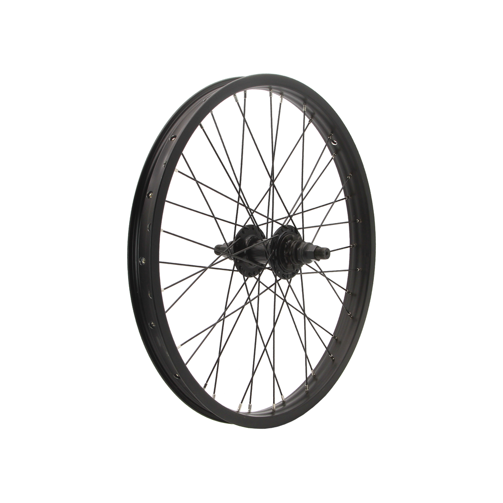 DRS Pro Rear Wheel (14mm Axle) with black spokes and double wall rim isolated on a white background.