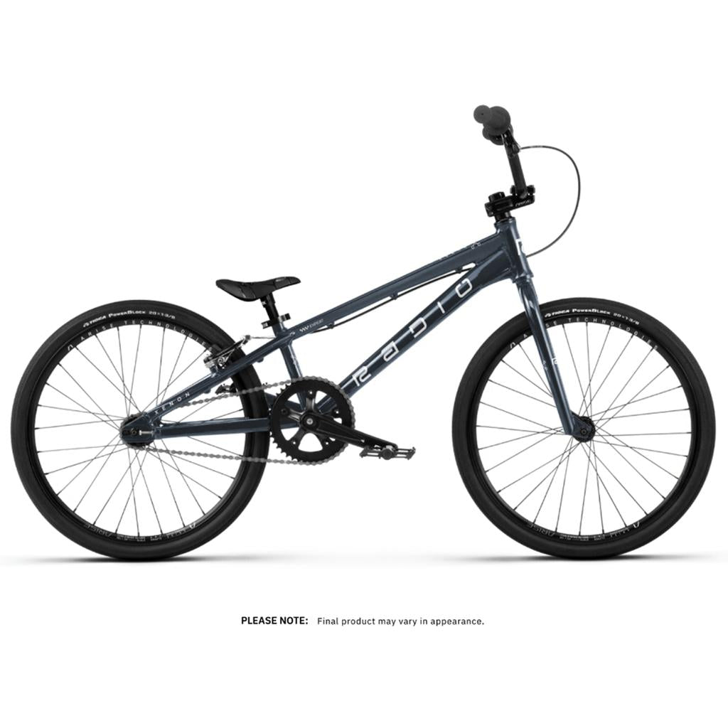 Side view of the Radio Xenon Expert Disc 20 Inch Bike, a black lightweight BMX race bike with a compact hydroformed alloy frame, straight handlebars, and thin tires, displayed on a white background.