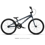 Side view of the Radio Xenon Expert Disc 20 Inch Bike, a black lightweight BMX race bike with a compact hydroformed alloy frame, straight handlebars, and thin tires, displayed on a white background.