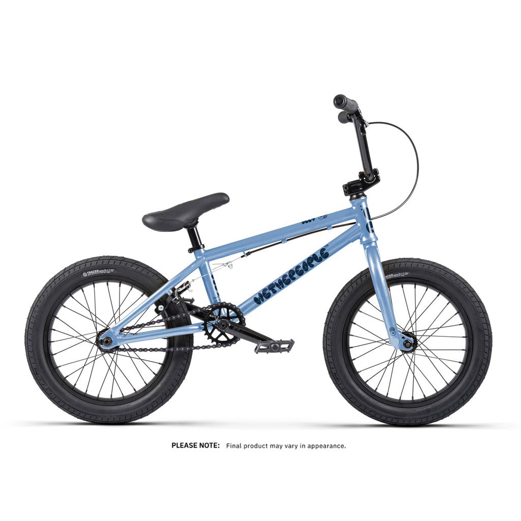 A Wethepeople Seed 16 Inch kids BMX bike in light blue with black handlebars, seat, and tires, shown on a white background.