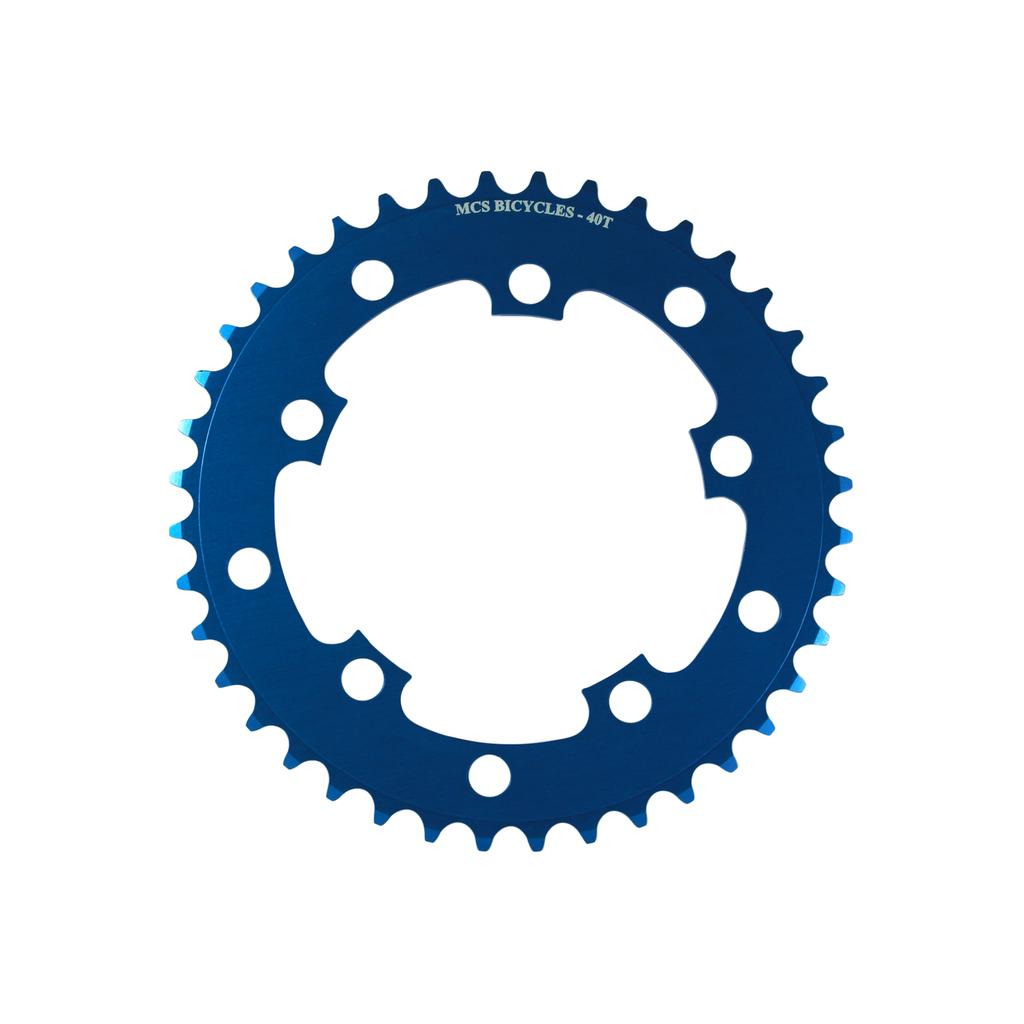 Blue MCS 110BCD 5 Bolt Chainring, CNC machined with 40 teeth and multiple mounting holes, labeled "MCS BICYCLES - 40T," shown isolated on a white background.