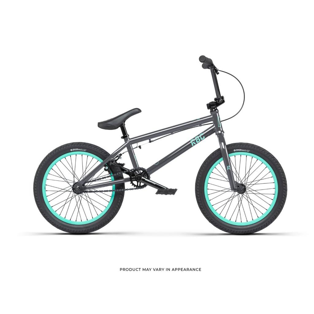 The Radio Saiko 18 Inch Bike is a black BMX kids bike featuring teal rims, a padded seat, and standard handlebars, shown against a white background.