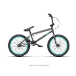 The Radio Saiko 18 Inch Bike is a black BMX kids bike featuring teal rims, a padded seat, and standard handlebars, shown against a white background.