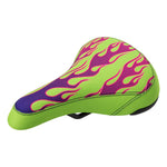 The Sunday Lava Flames Railed Seat adds heat with green material, purple and pink flame designs, visible stitching, and a black underside.