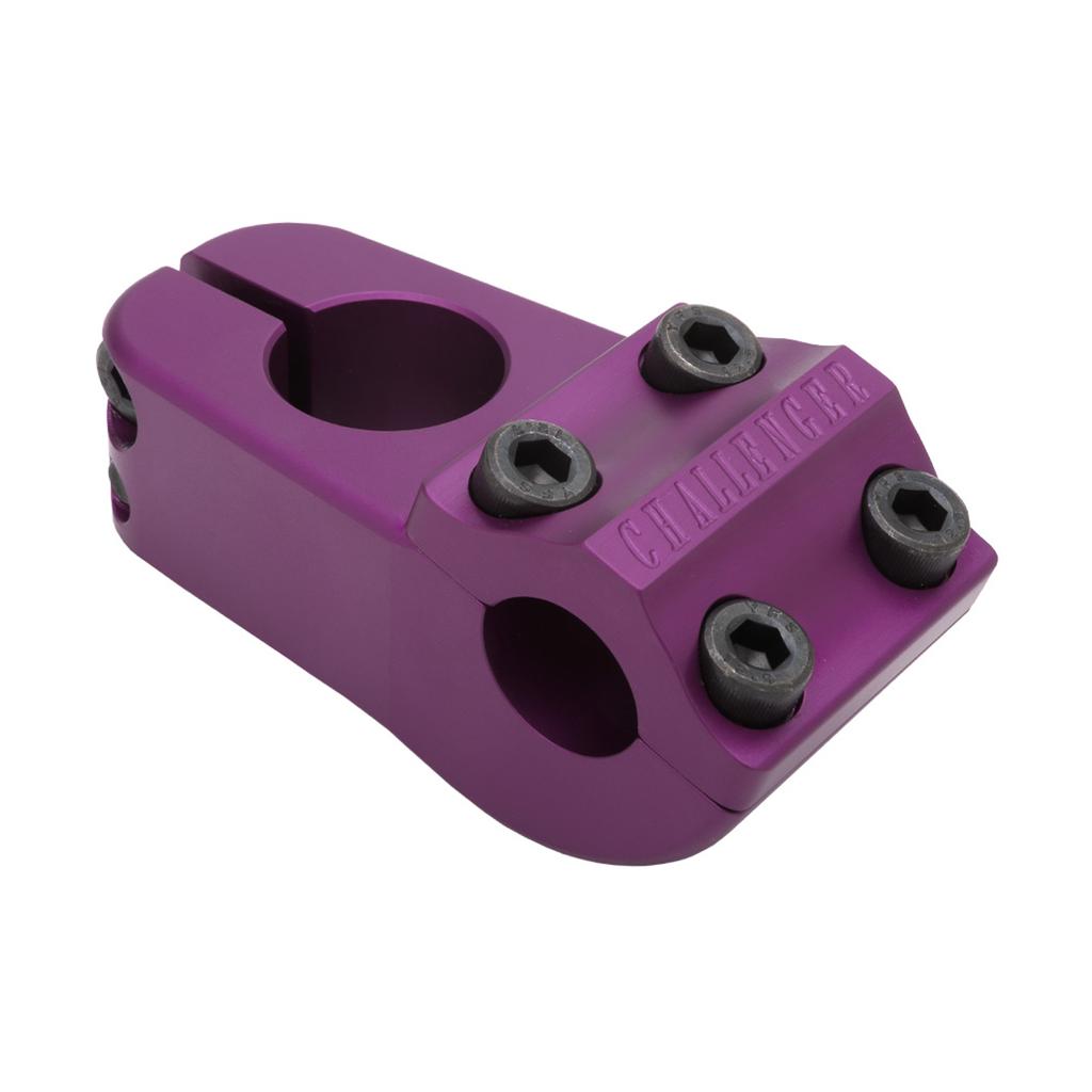 A purple S&M Challenger Stem BMX stem, made in the USA, features four black hex bolts and "CHALLENGER" engraved on the front clamp.