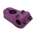 A purple S&M Challenger Stem BMX stem, made in the USA, features four black hex bolts and "CHALLENGER" engraved on the front clamp.