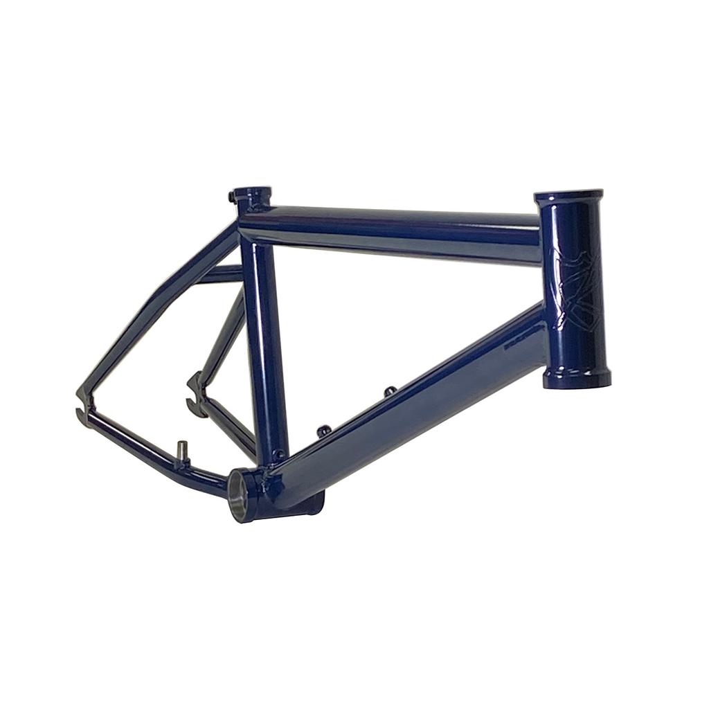 The S&M Rambler Thru N Thru Frame (Nathan Halahan), shown in blue from the side on a white background without wheels, seat, or handlebars—perfect as the foundation for your next dirt jump BMX build.