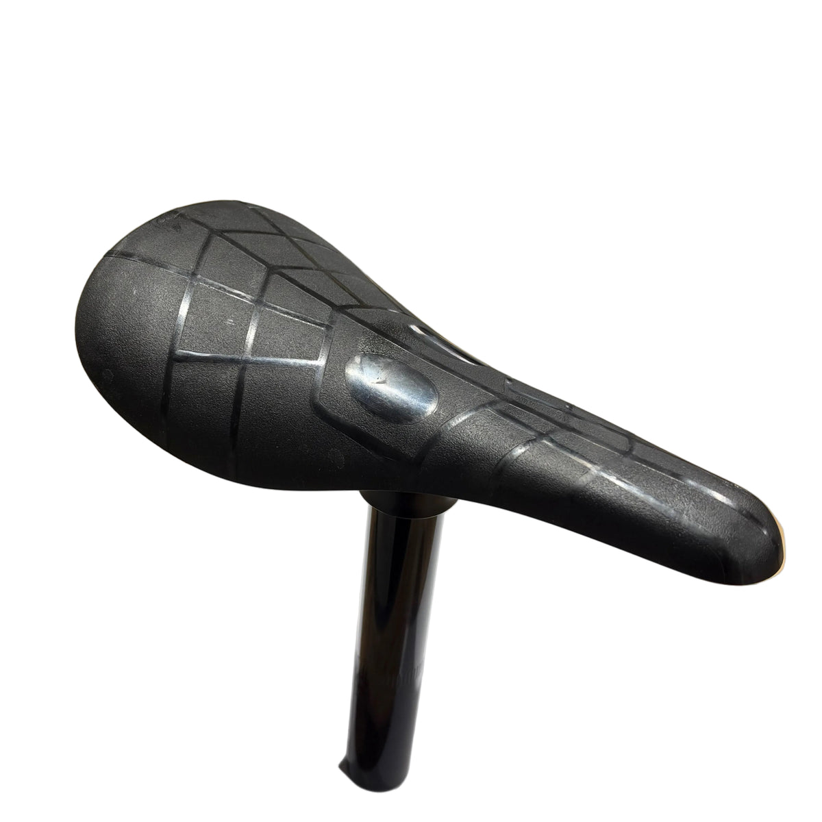 Black, lightweight OEM Race Seat Post Combo featuring a grid-like patterned saddle and a low profile black seatpost, isolated on a white background.