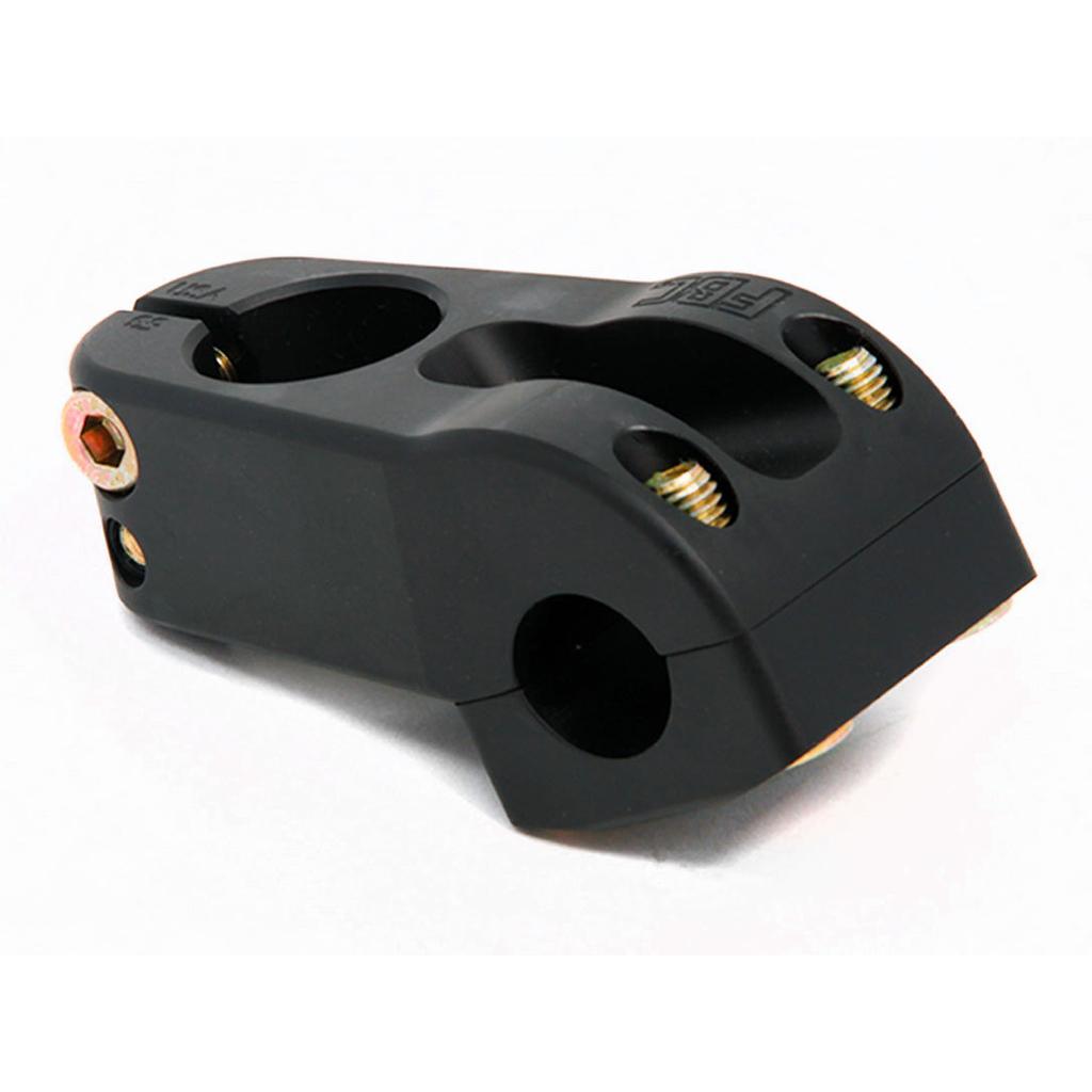 The Fit Aitken Top Load Stem is a matte black, limited edition BMX stem with four visible bolts and rounded edges, designed to secure handlebars to your bike's steering tube.