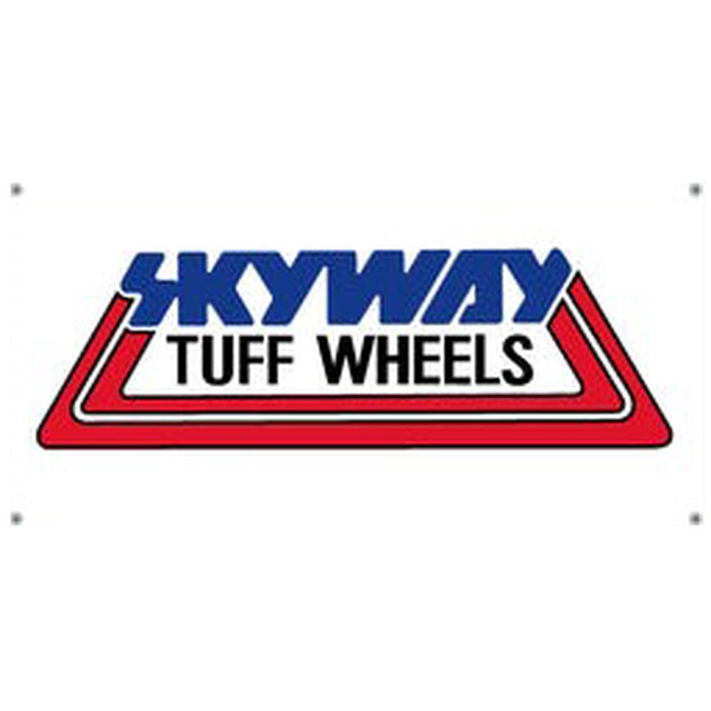 The Skyway Tuff Wheels Banner displays "SKYWAY TUFF WHEELS" in blue and black within a red triangle on white, printed on durable, outdoor-grade waterproof vinyl.