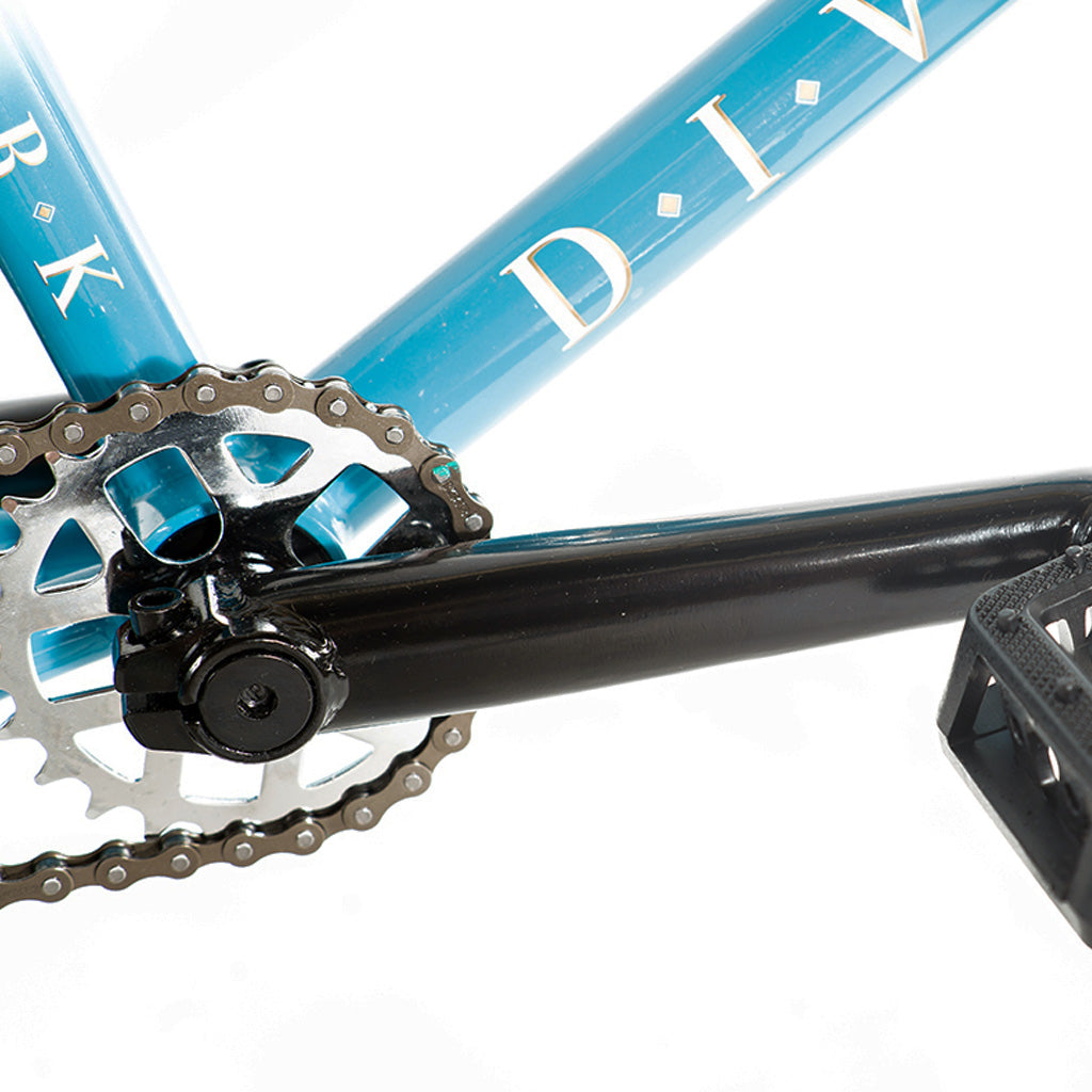 A close up of a Division Reark 20 Inch Bike with a black chain featuring 3-piece cranks.