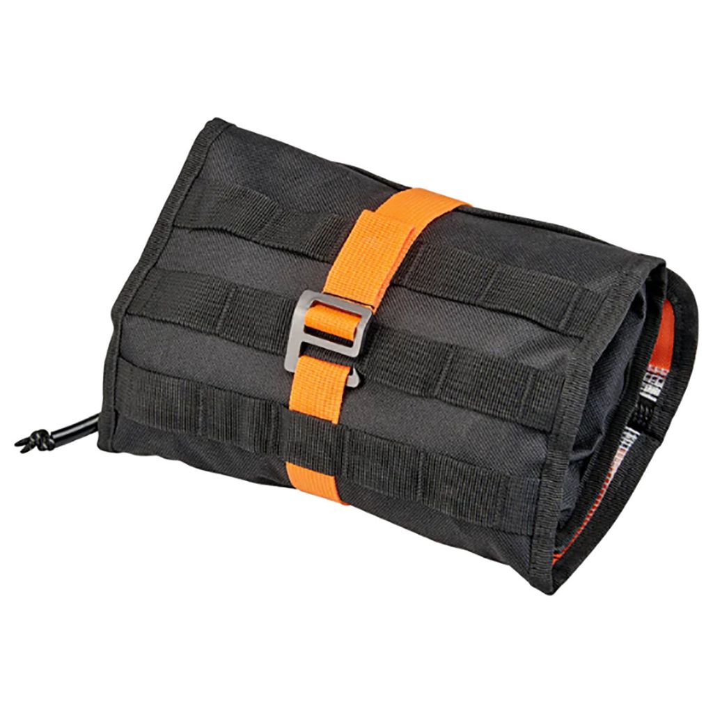A black and orange S&M Biltwell Exfill Tool Roll on a white background, also functioning as a toiletry bag.
