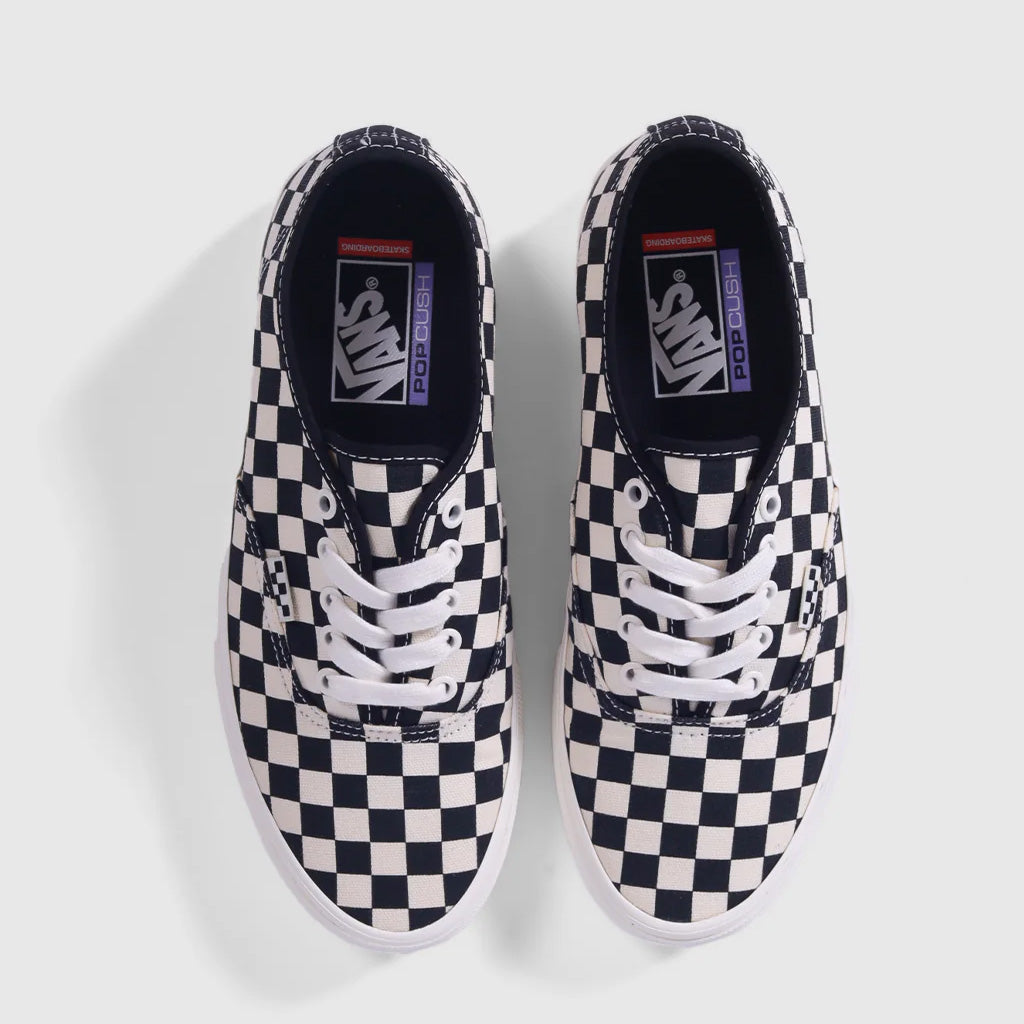 A pair of Vans Pro Skate Authentic Checkerboard Shoes - Checkerboard/Marshmallow sneakers featuring DURACAP reinforced underlays for added durability, showcased on a white background.