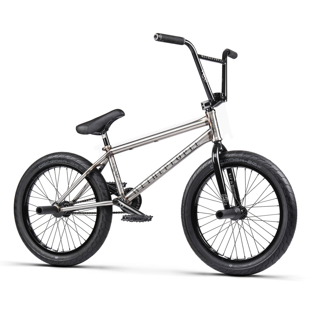 A silver Wethepeople Battleship 20 Inch BMX bike with hydro formed gussets and 4130 Chromoly frame, showcased on a plain white background.