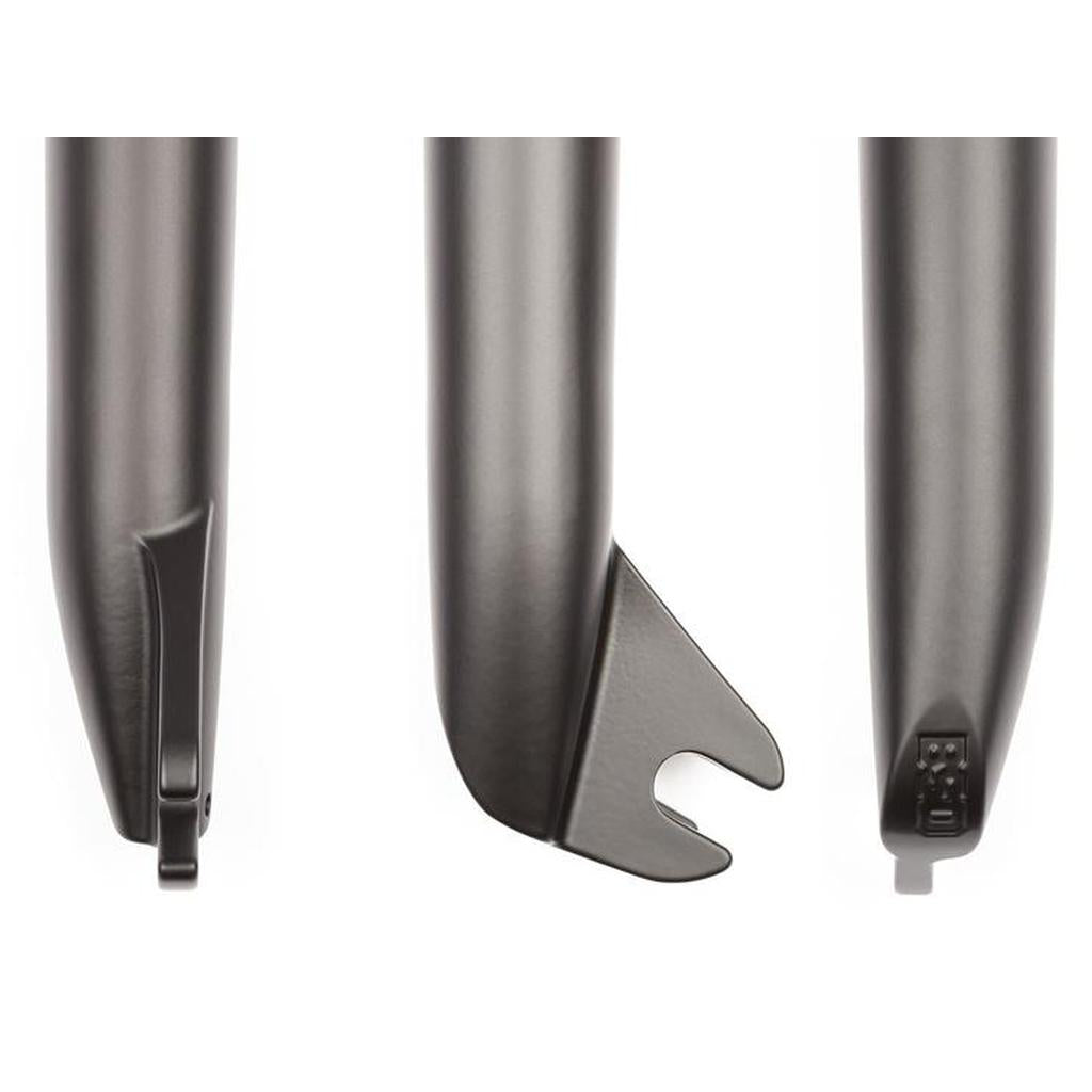 Three close-up views of BMX fork dropouts in matte gray, featuring the BSD Dust Fork with a 26mm offset. Each image shows a different axle mounting interface: thru-axle, quick release, and flat mount.