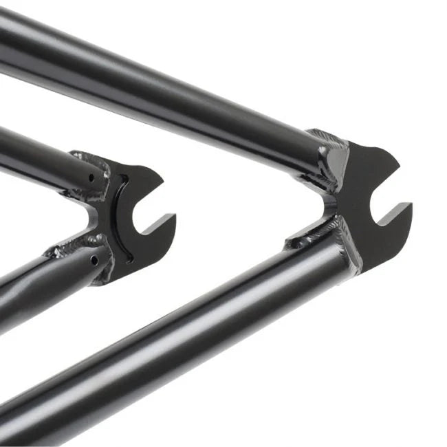Close-up view of the rear dropouts and welded joints on a black Subrosa Flight Park Frame, crafted from durable 4130 chromoly.