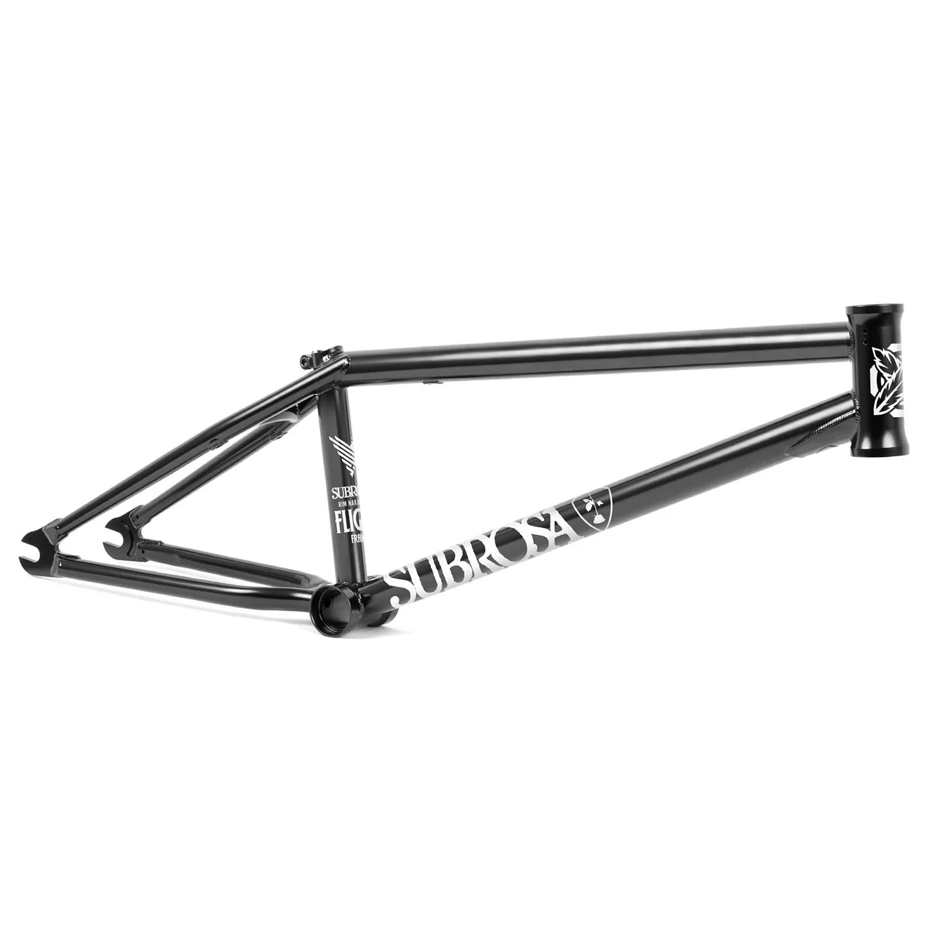 The Subrosa Flight Park Frame Black is a matte black BMX frame with bold white "SUBROSA" branding on the down tube, made from durable 4130 chromoly and shown against a white background.
