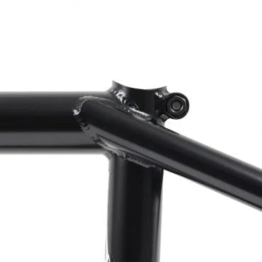 Close-up of a black Subrosa Flight Park Frame, highlighting the welded joints where the seat tube, top tube, and seat stay connect on this 4130 chromoly BMX frame.