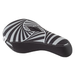 The Alienation Psycho Pivotal Seat is a black and gray BMX seat with a swirling hypnotic pattern, white edge stitching, durable faux leather cover, and a Pivotal patch.
