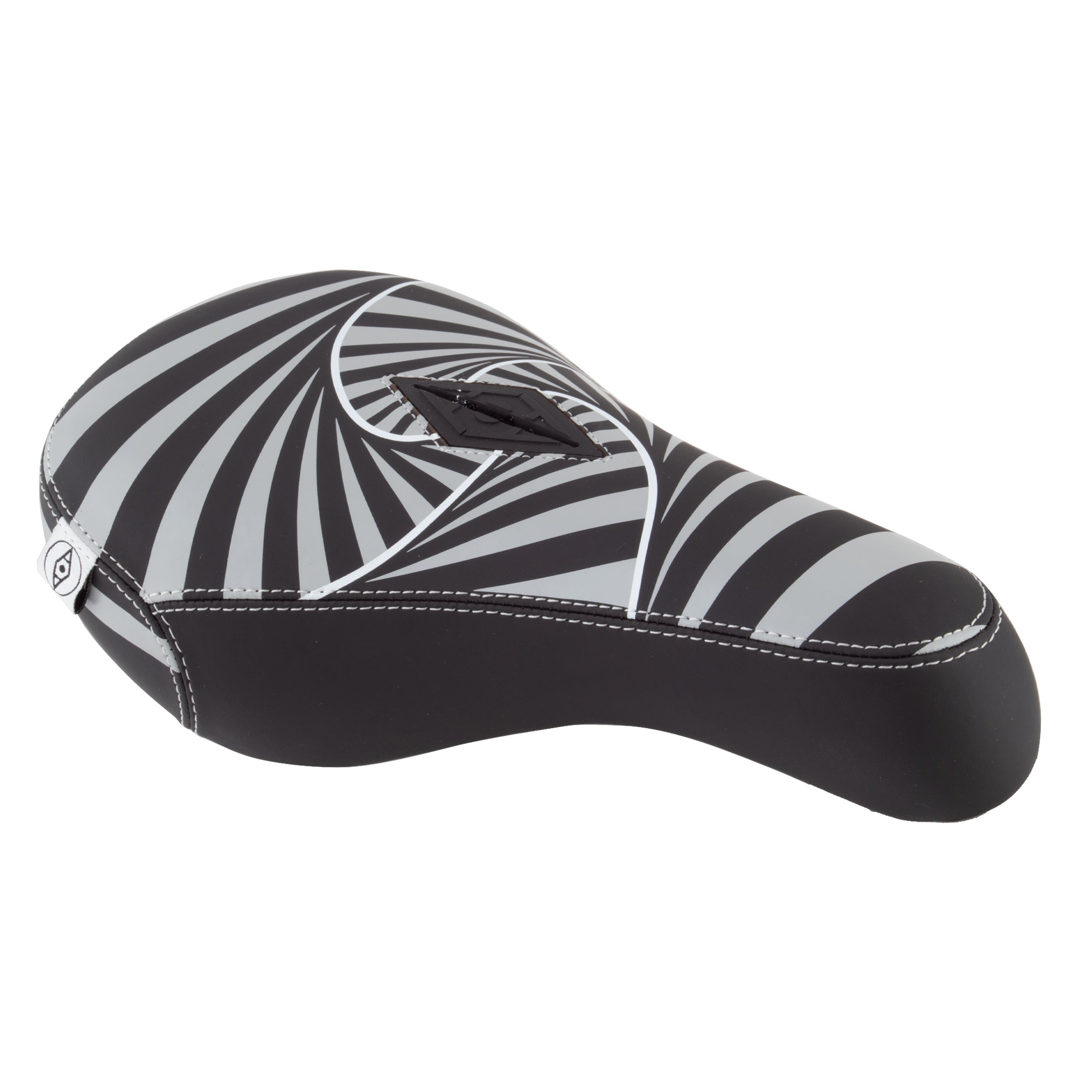 The Alienation Psycho Pivotal Seat is a black and gray BMX seat with a swirling hypnotic pattern, white edge stitching, durable faux leather cover, and a Pivotal patch.