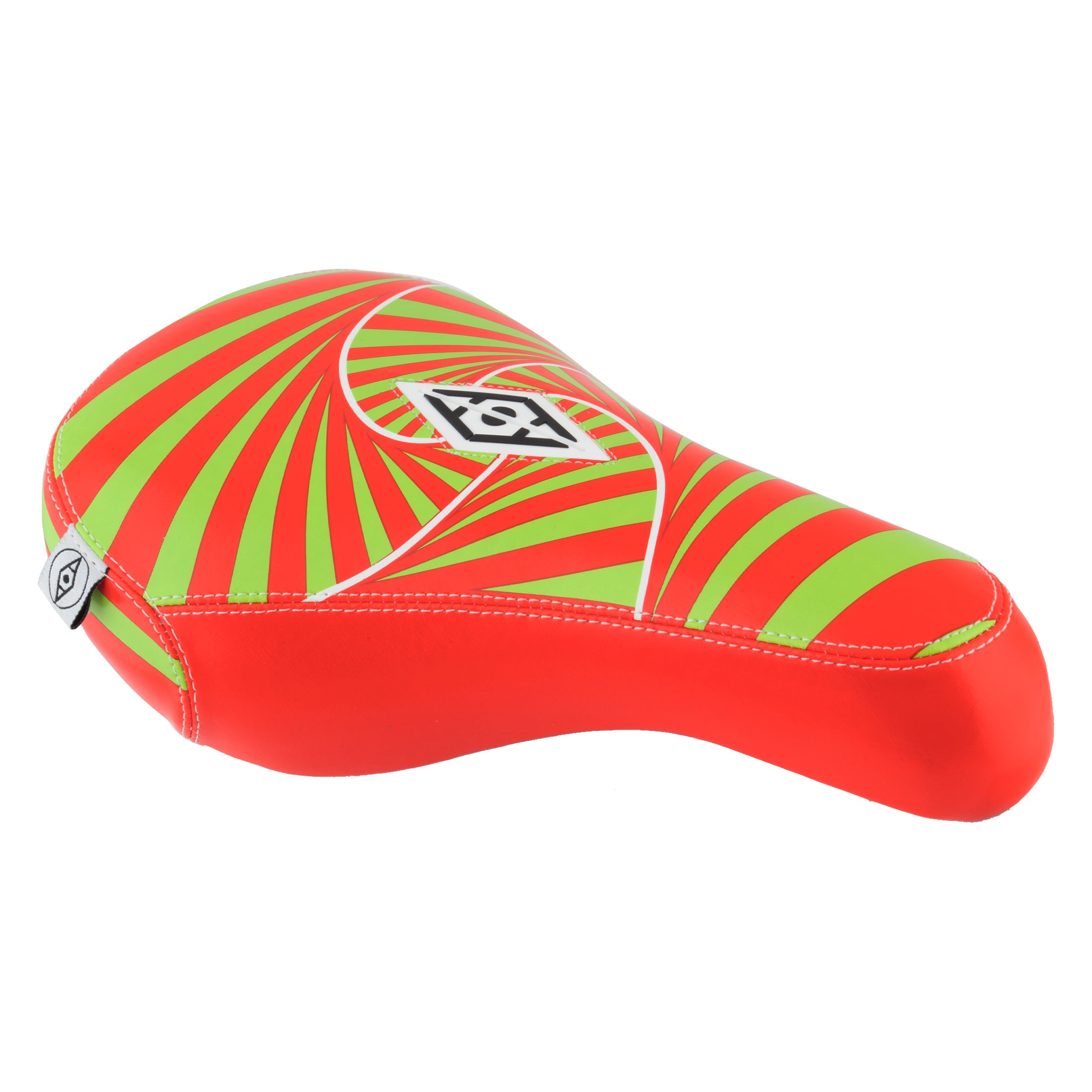 The Alienation Psycho Pivotal Seat features red and green faux leather with a spiral pattern, white stitched logo on top, and a Pivotal patch—displayed against a white background.