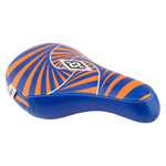 The Alienation Psycho Pivotal Seat is a BMX bike seat with a blue base and an orange-blue spiral pattern, highlighted by a white geometric center logo and made from premium faux leather.