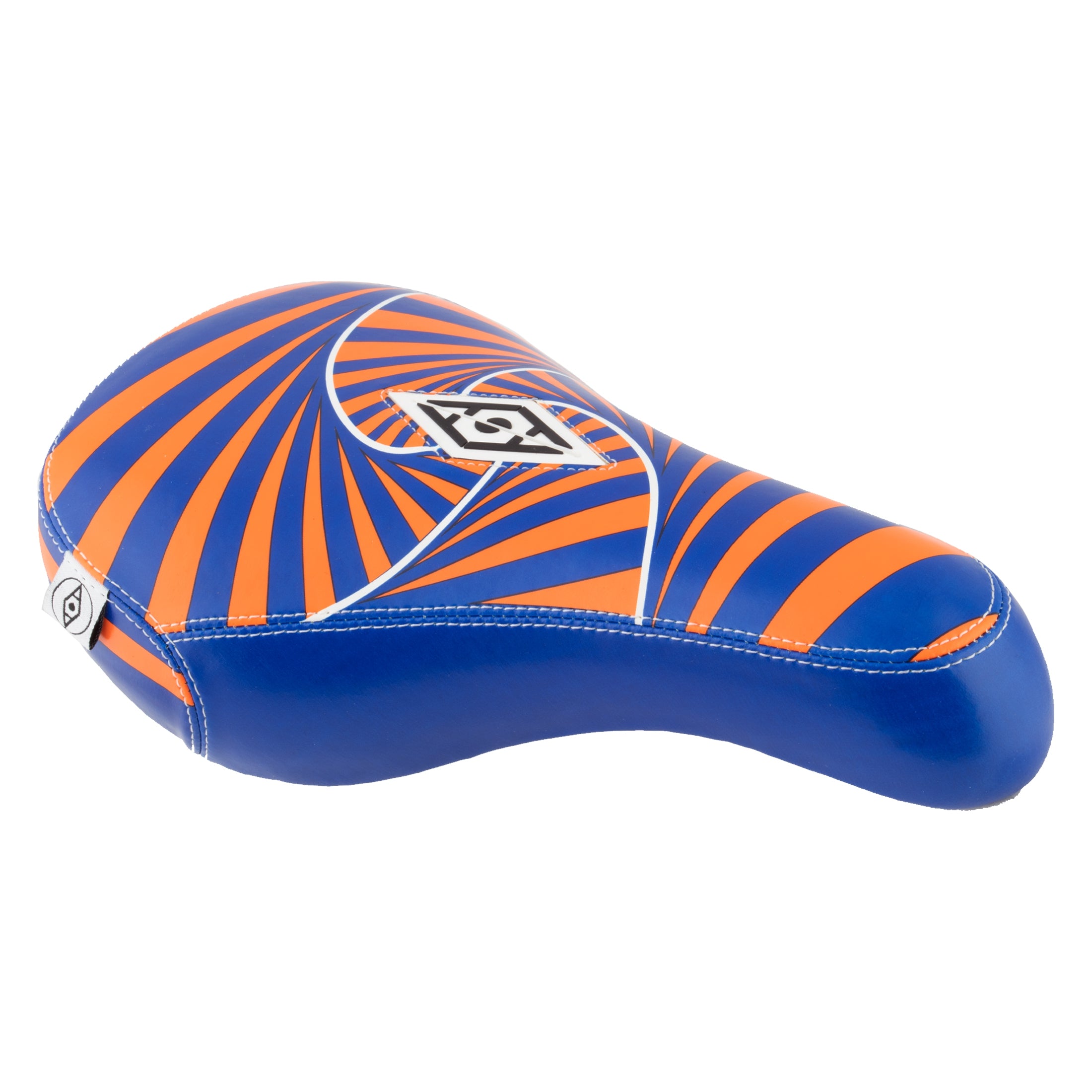 The Alienation Psycho Pivotal Seat is a BMX bike seat with a blue base and an orange-blue spiral pattern, highlighted by a white geometric center logo and made from premium faux leather.