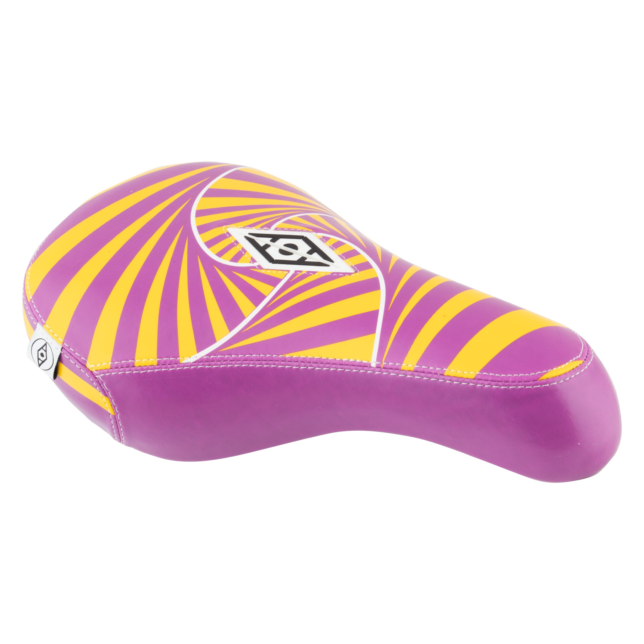 The Alienation Psycho Pivotal Seat is a BMX seat with a purple and yellow spiral design, geometric center logo, and durable faux leather finish.